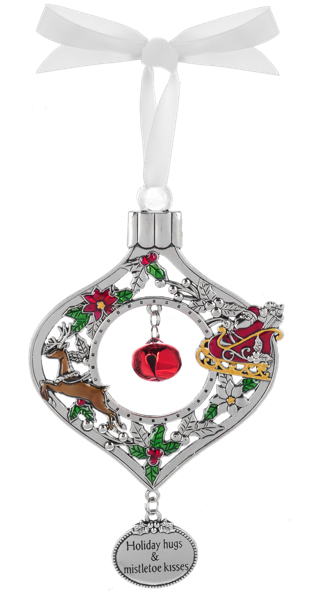 Decorative Christmas ornament with reindeer, bell, and holly design