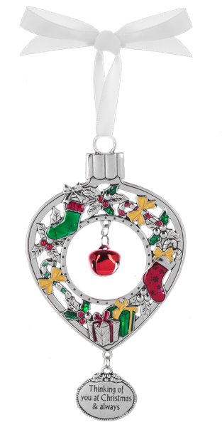 Decorative Christmas ornament with a wreath design, colorful elements, and a hanging tag 