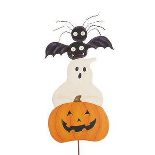 Halloween-themed decorative stake with a ghost, pumpkin, and bat on a white background