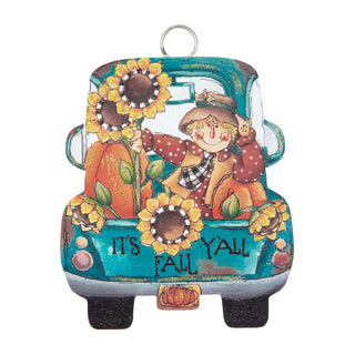 Vintage truck charm with pumpkins, sunflowers, and "it's fall y'all"