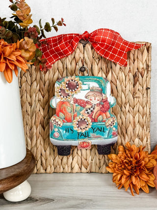 Vintage truck charm with pumpkins, sunflowers, and "it's fall y'all"