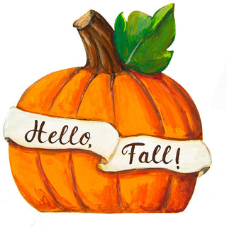 Metal Pumpkin with a 'Hello, Fall!' banner 