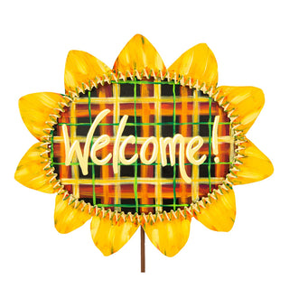 Metal Sunflower-shaped decorative sign/ stake with 'Welcome!' text 