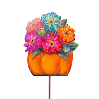 Decorative metal garden stake with a pumpkin and colorful flowers 