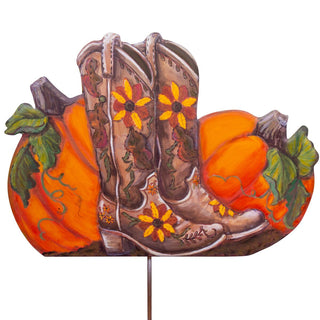 Decorative metal garden stake with cowboy boots and pumpkins