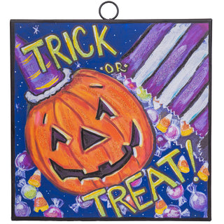 Halloween-themed decorative sign with a jack-o'-lantern and candy corn
