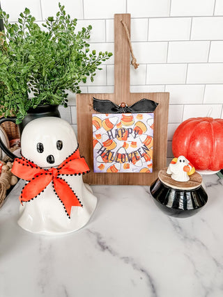 Halloween themed charm with candy corn and "Happy Halloween"