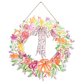 Decorative wreath door hanger with flowers, pumpkins, and a butterfly on a white background