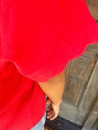 Scallop Hem Linen Blend Top Red