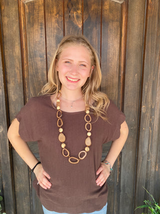 Scallop Hem Linen Blend Top Espresso Plus