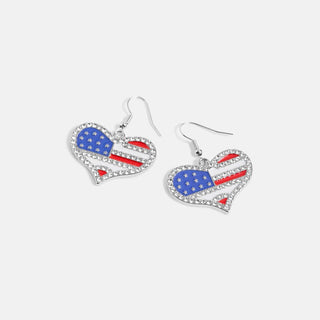 Heart-shaped American flag earrings on a white background