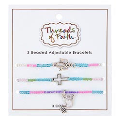 Set of three beaded adjustable bracelets with charms on a white background, branded 'Threads of Faith'.