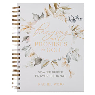 Praying the Promises of God prayer journal with floral design and gold text on a white background
