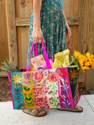 Floral and colorful tote bag.
