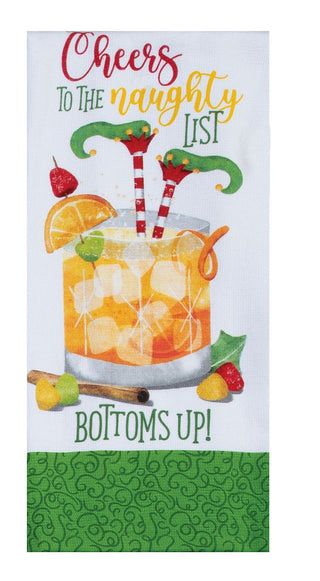 A festive holiday-themed tea towel featuring a colorful illustration of an iced cocktail with elf straws, citrus slices, and cherries. The text reads 'Cheers to the naughty list' at the top and 'BOTTOMS UP!' at the bottom, with a green patterned border at the base.