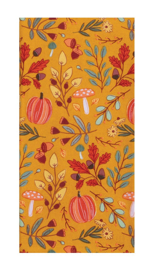 Fabric with autumn-themed pattern featuring pumpkins and leaves on a yellow background