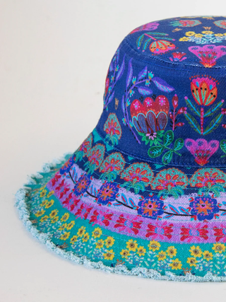 Printed Bucket Hat Navy Folk Flower