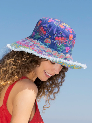 Printed Bucket Hat Navy Folk Flower