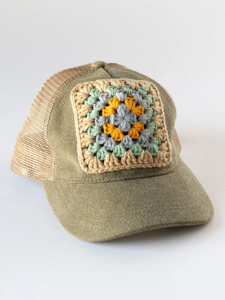 Green Granny Square Trucker Cap