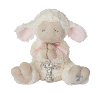 Plush lamb toy with pink bow and cross charm