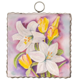 Round Top Charm with white lilies and yellow tulips on a pink and purple background
