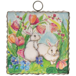 Round Top Charm with two rabbits and flowers 