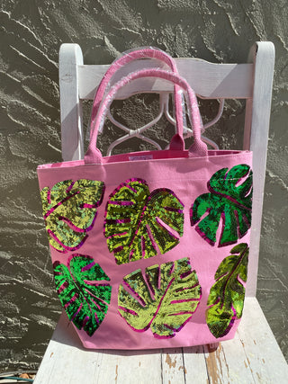 Pool Sparkle Tote Bag Pink Leaves