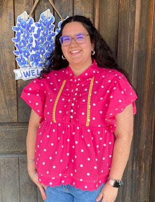 Pink Polka Dot Top with Yellow Embroidery
