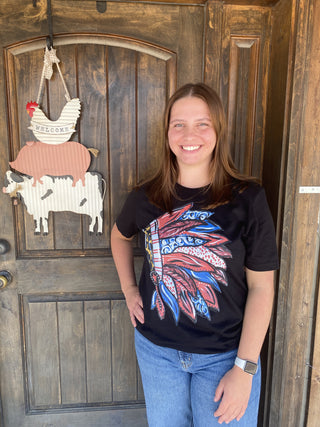 Patriotic Feather Tee	Patriotic feather tee – white tee with watercolor feather design in red, white, and blue								