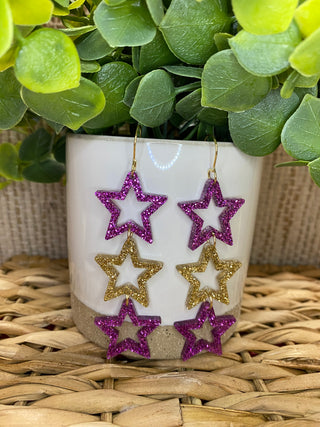 Triple Star School Spirit Earrings - Purple & Gold