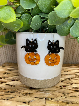 Kitty Pumpkin Halloween Dangle Earrings
