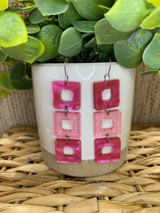 Triple Cubies Pink Swirl & Shimmer Acrylic Earrings