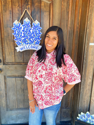 Fuchsia Print Button Down Top
