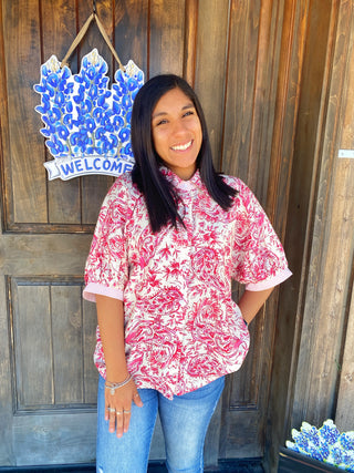 Fuchsia Print Button Down Top