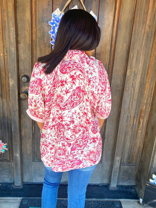 Fuchsia Print Button Down Top