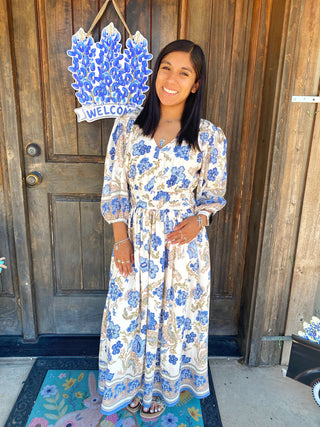 Blue Floral Border Print Midi Dress