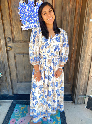 Blue Floral Border Print Midi Dress Plus