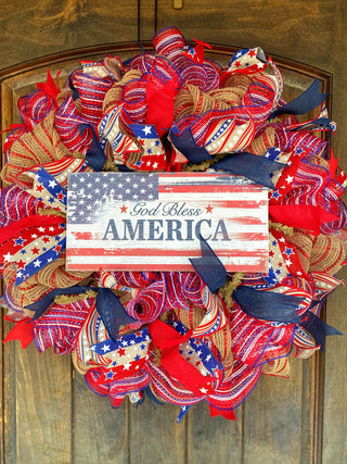 Wreath Mesh Patriotic God Bless Burlap