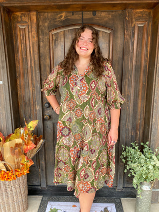 Olive green dress with vintage print