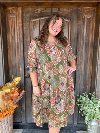 Olive green dress with vintage print