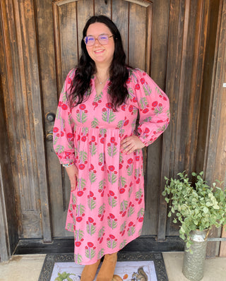 Long sleeve pink floral midi dress