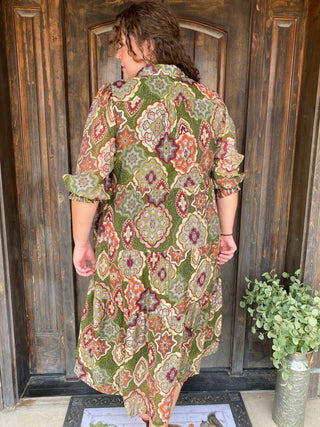 Boho Print Olive Midi Dress