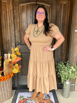 Beige tiered dress with ruffled sleeves