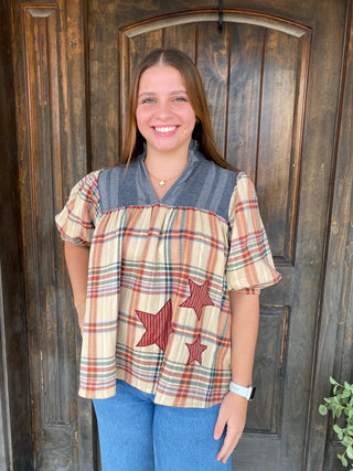 Fall blouse with plaid print and stars embroidered on the side
