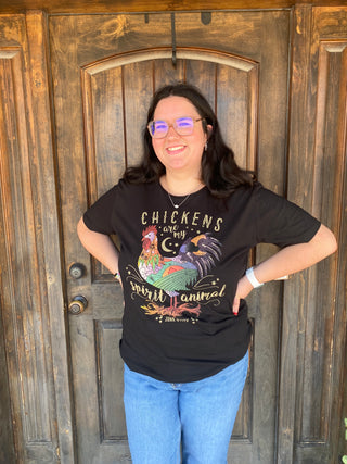 Black tee with a rooster and "Chickens are my spirit animal"