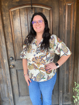 Plus size paisley blouse with puffed sleeves