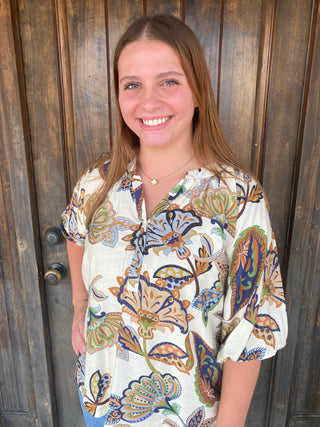Blouse with puff sleeves and paisley print