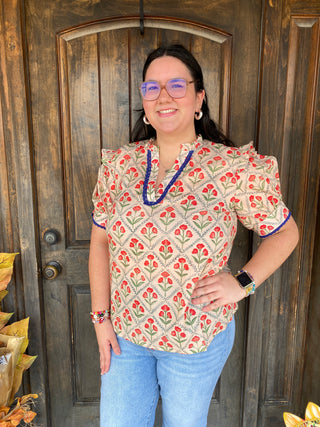 Floral patterned blouse with blue accents