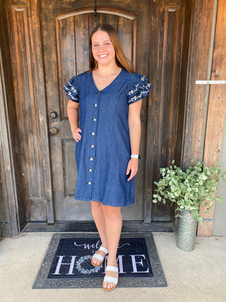 Denim button up dress with ruffle sleeves
