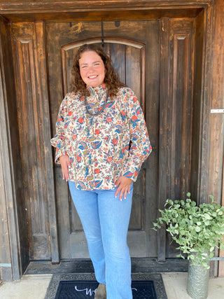 paisley print button up with high neck